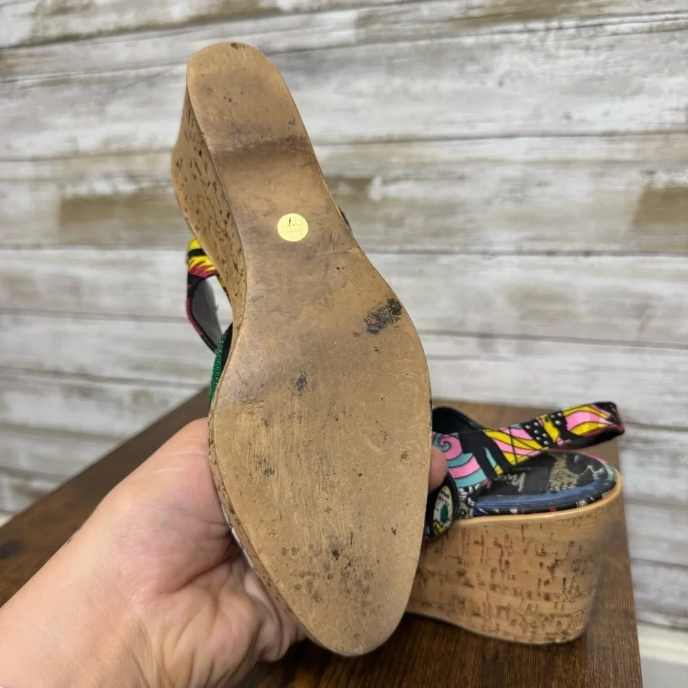 Nicole Miller Silk Platform Wedge Sandals 1960's Jazz Soul Music Pattern Size 7